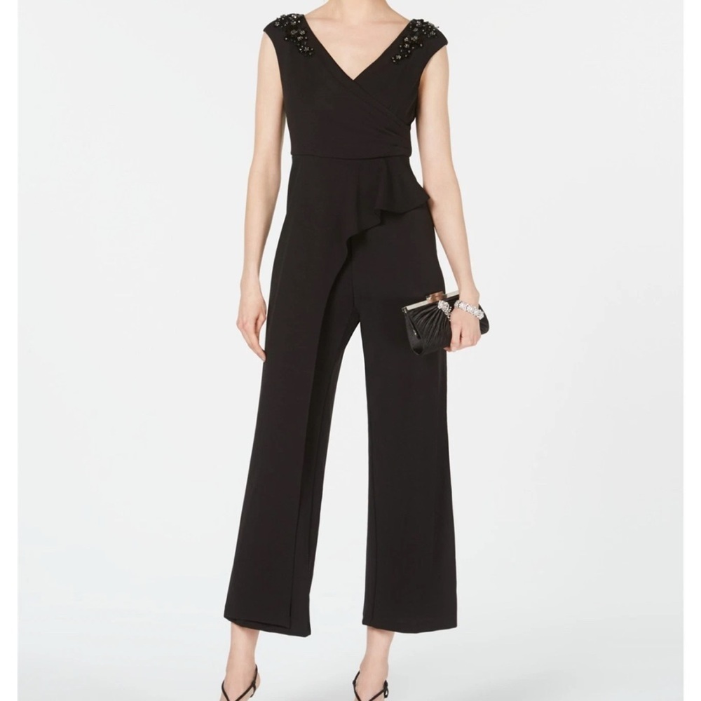 Adrianna Papell Black Sequin Embellished Surplice Jumpsuit